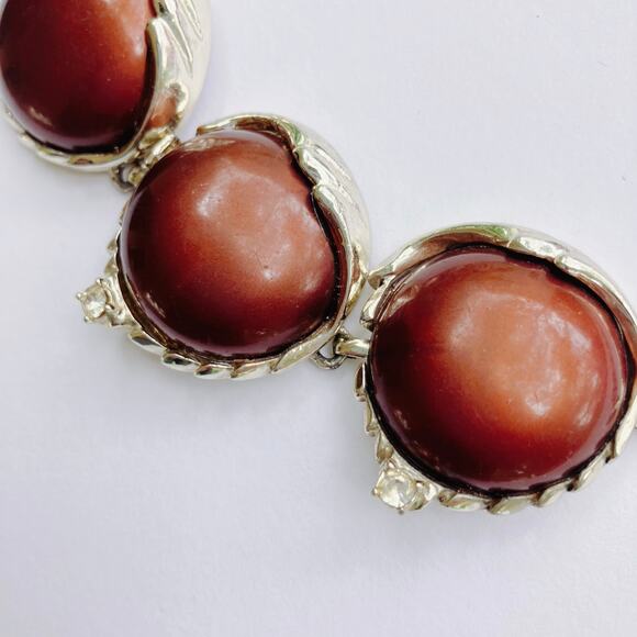 Vintage Mid Century Gold Tone Necklace Brown Cabochons Prong Set Rhinestones - Picture 5 of 16